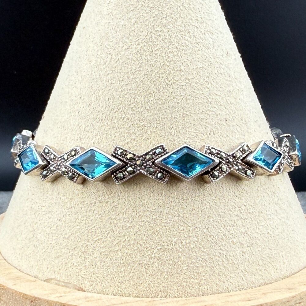 Vintage Sterling Silver Blue Stones Marcasite Link Bracelet 7.25" & safety chain